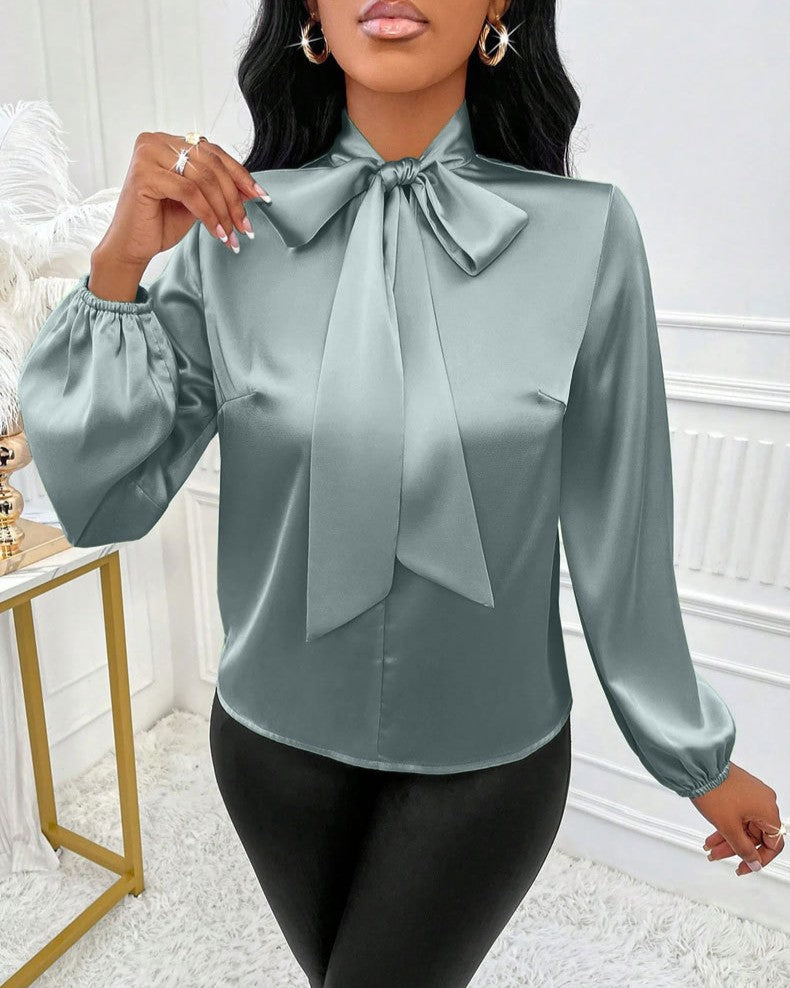 Tie Neck Satin Blouse With Bishop Sleeves - Green