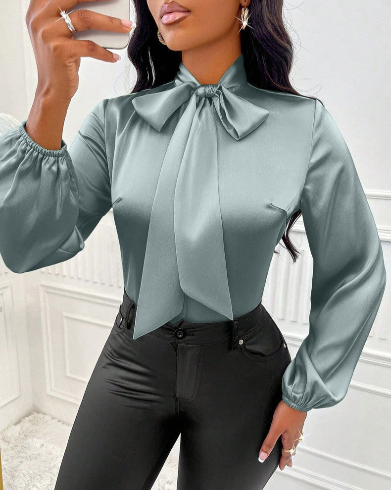 Tie Neck Satin Blouse With Bishop Sleeves - Green - 1