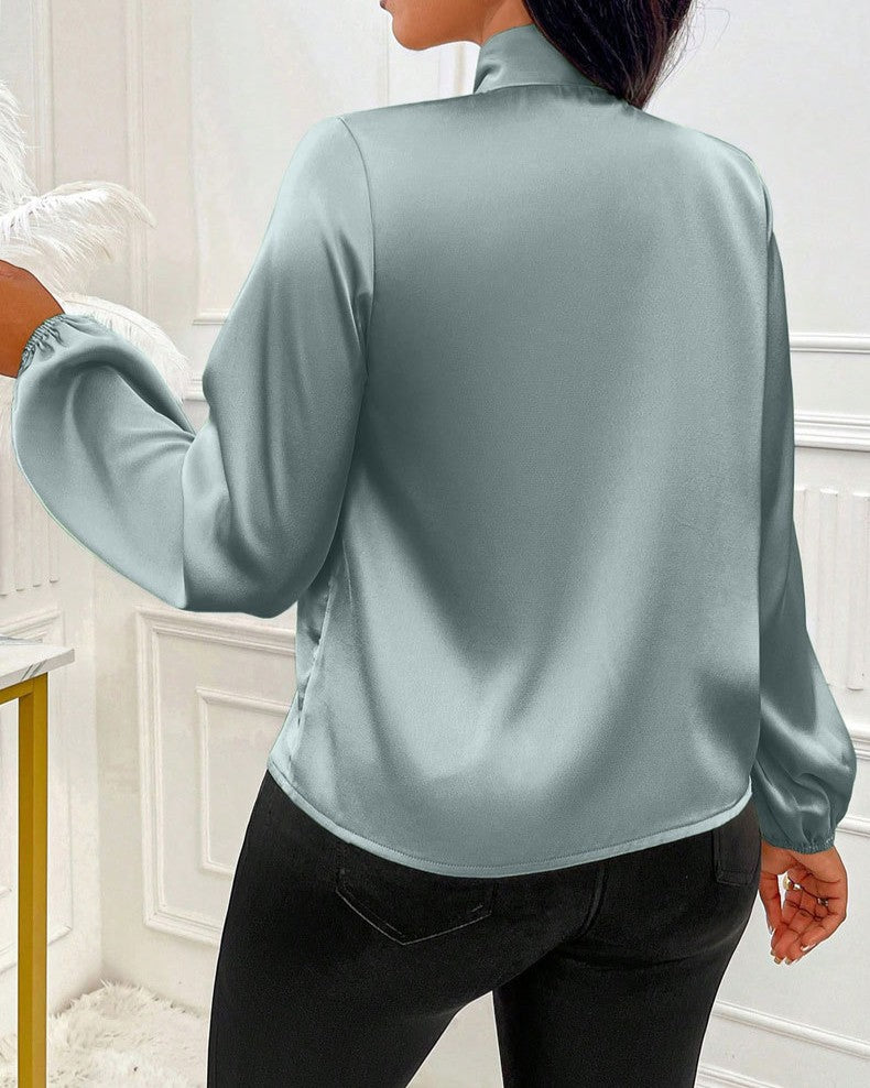 Tie Neck Satin Blouse With Bishop Sleeves - Green - 2