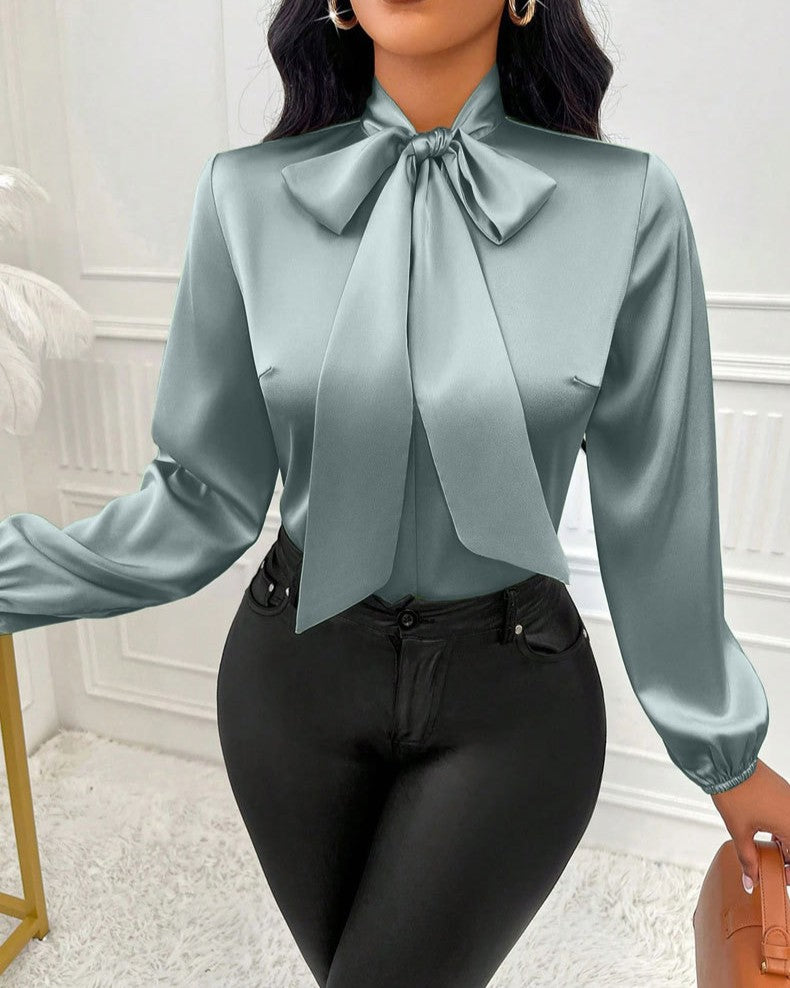 Tie Neck Satin Blouse With Bishop Sleeves - Green - 3