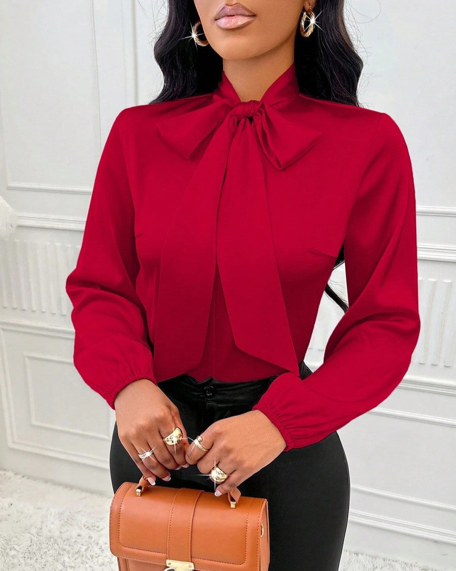 Tie Neck Satin Blouse With Bishop Sleeves - Red