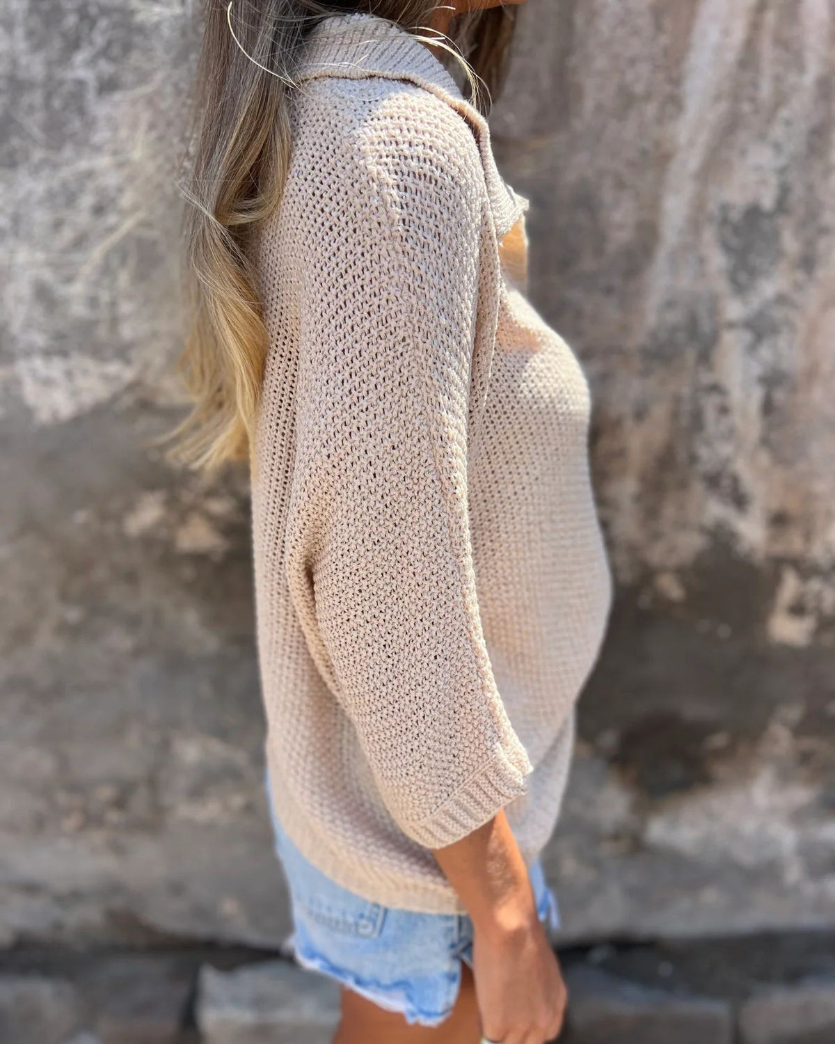 Collared V Neck Loose Knit Top - Apricot - 1