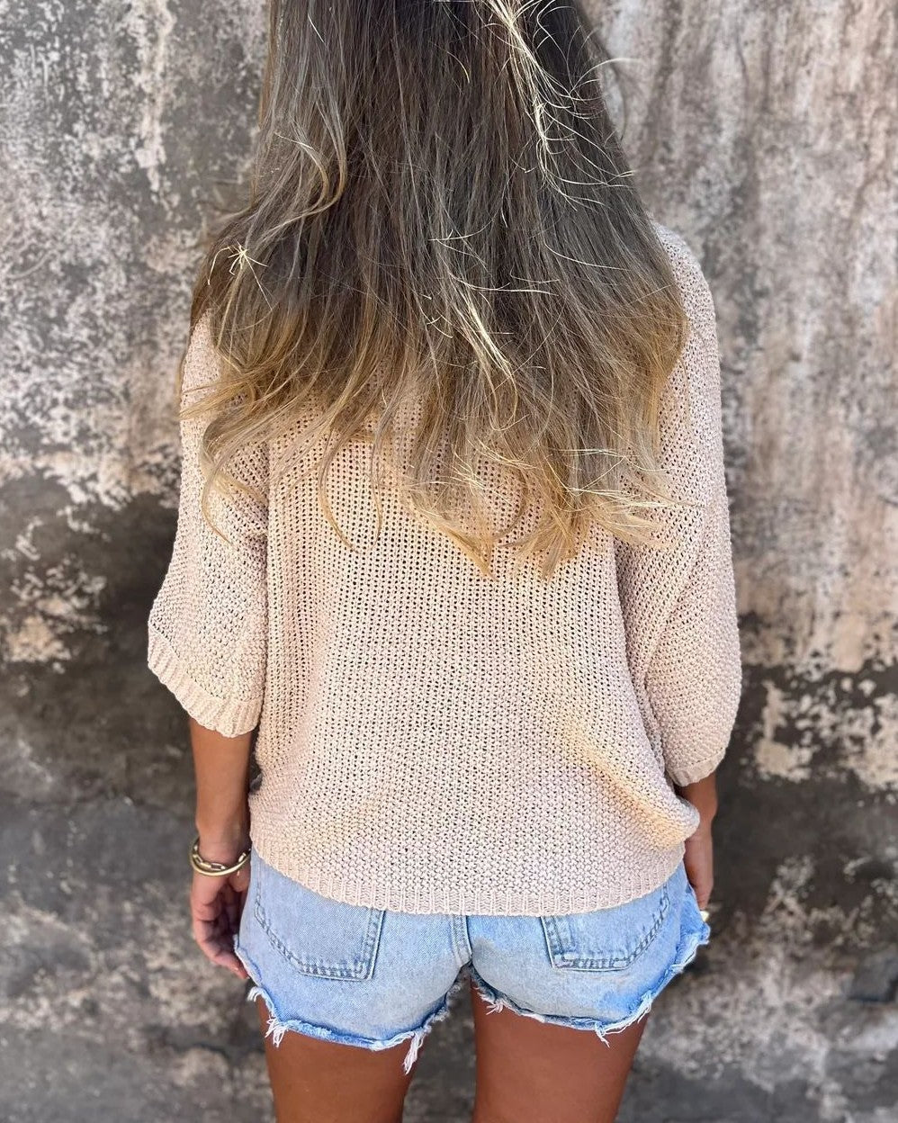 Collared V Neck Loose Knit Top - Apricot - 2