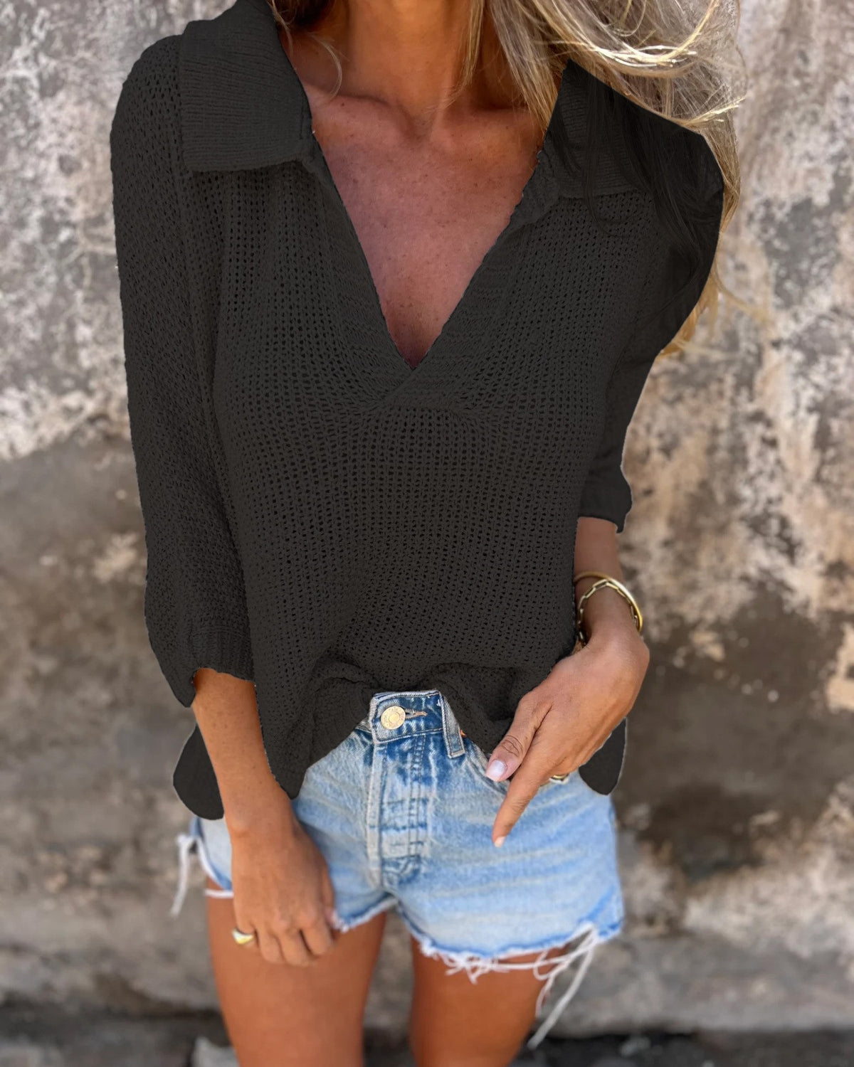 Collared V Neck Loose Knit Top - Black