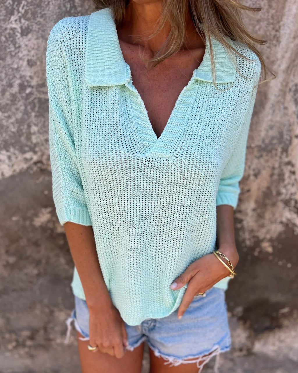Collared V Neck Loose Knit Top - Blue