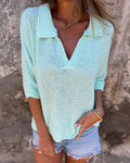 Collared V Neck Loose Knit Top - Blue