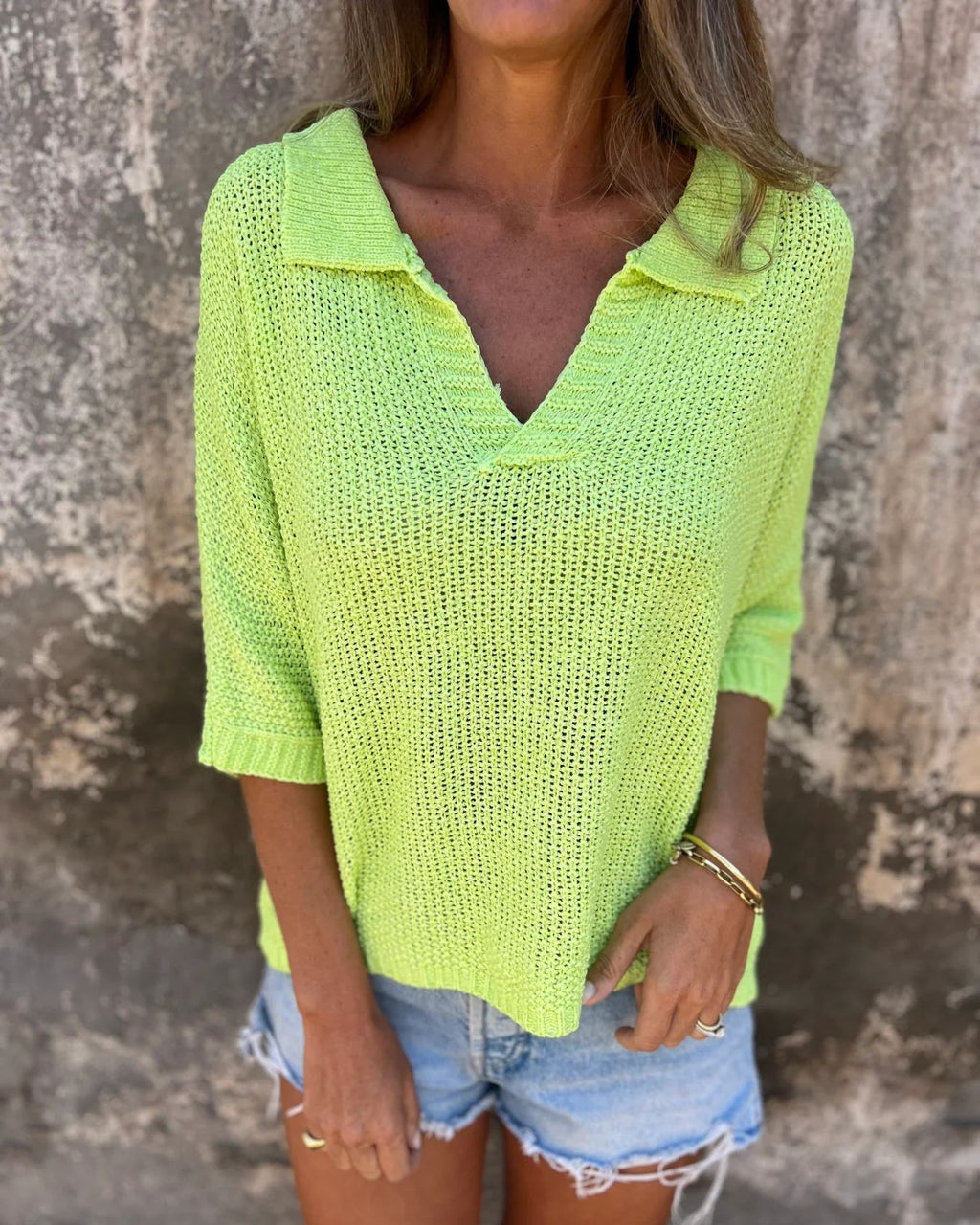 Collared V Neck Loose Knit Top - Green