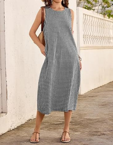 Plaid Stripe Sleeveless Midi Dress with Side Pockets - Black