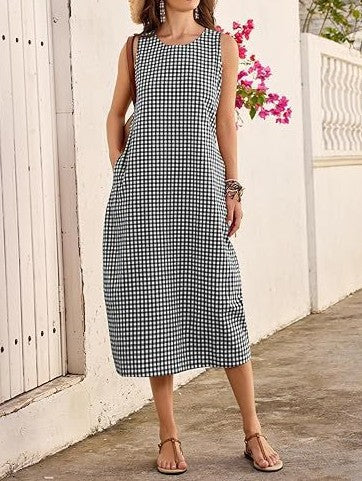 Plaid Stripe Sleeveless Midi Dress with Side Pockets - Black - 2