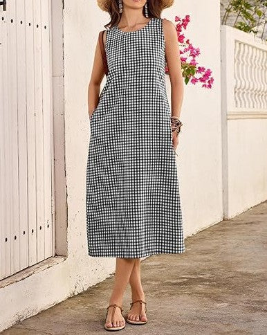 Plaid Stripe Sleeveless Midi Dress with Side Pockets - Black - 3