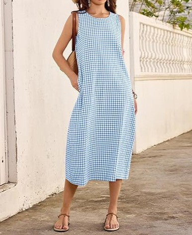 Plaid Stripe Sleeveless Midi Dress with Side Pockets - Blue