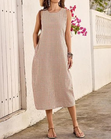 Plaid Stripe Sleeveless Midi Dress with Side Pockets - Camel