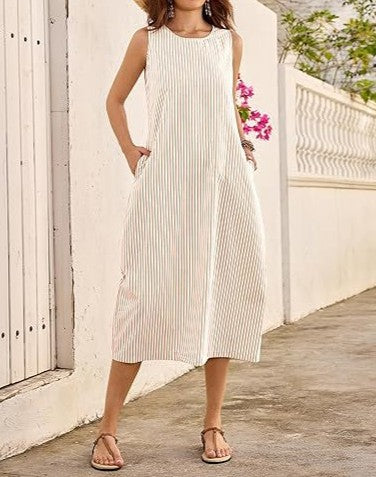 Plaid Stripe Sleeveless Midi Dress with Side Pockets - Camel-S