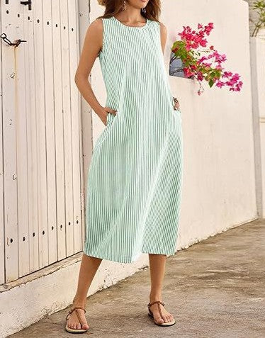 Plaid Stripe Sleeveless Midi Dress with Side Pockets - Green-S