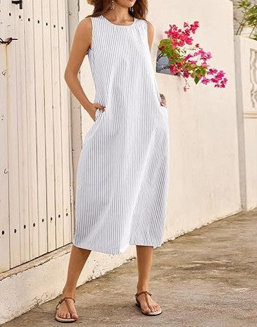 Plaid Stripe Sleeveless Midi Dress with Side Pockets - Grey-S