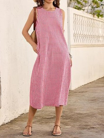 Plaid Stripe Sleeveless Midi Dress with Side Pockets - Red