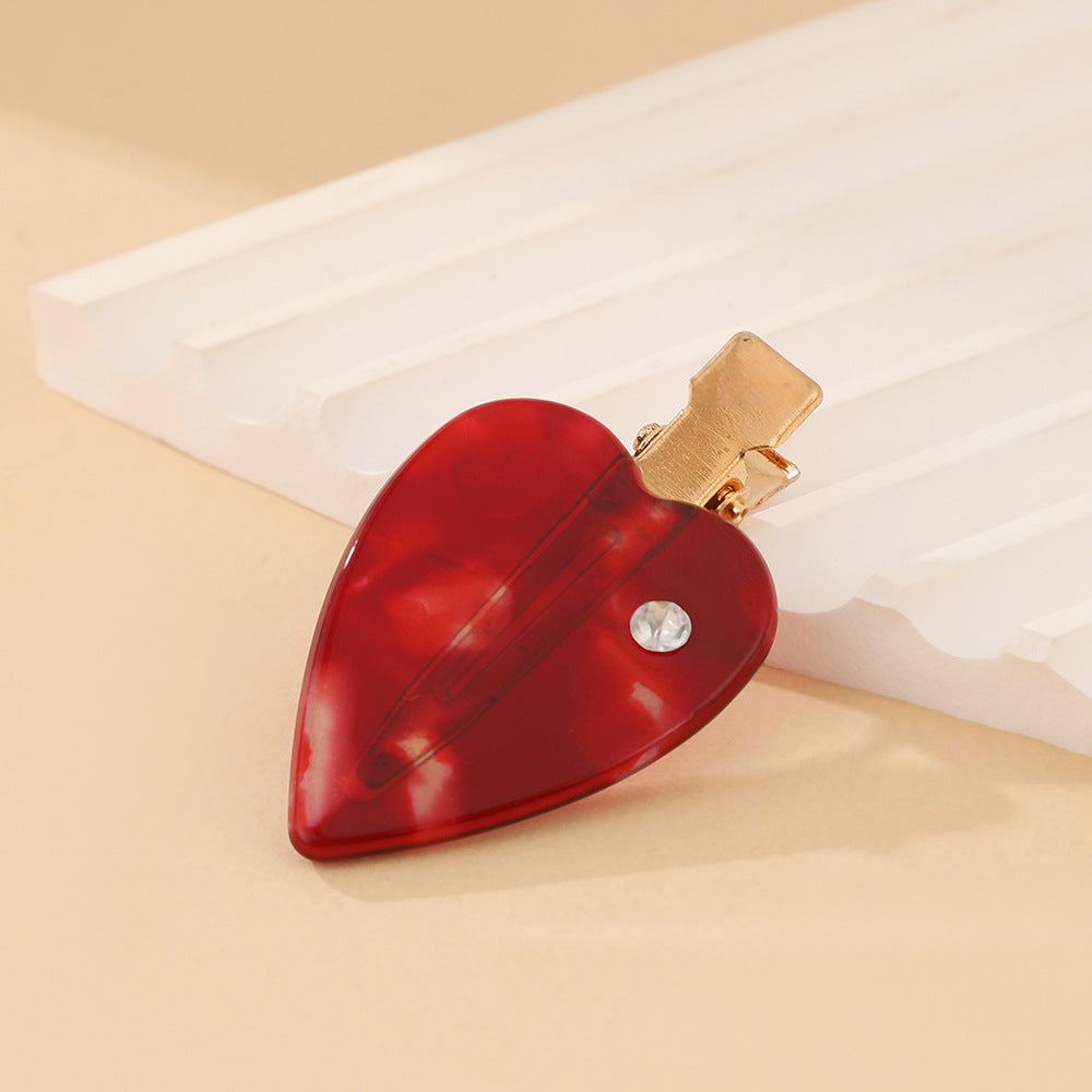 Marbled Geometric Hair Clip With Crystal Stud - Heart_Red