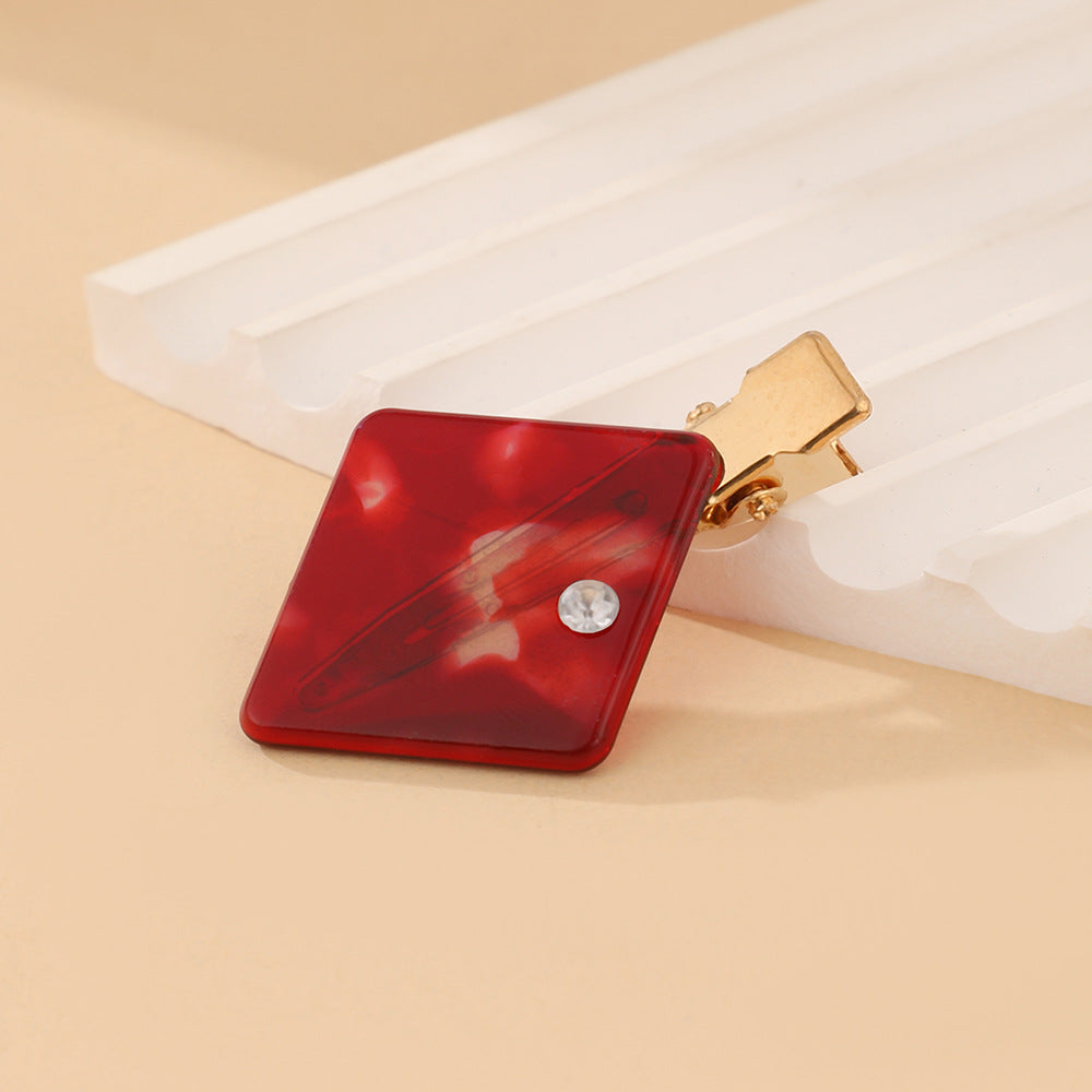 Marbled Geometric Hair Clip With Crystal Stud - Red