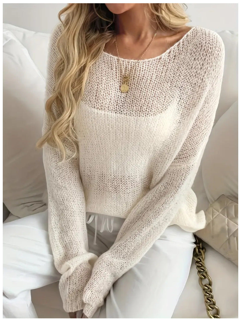 Oversized Sheer Open Knit Boat Neck Top - Apricot - 1