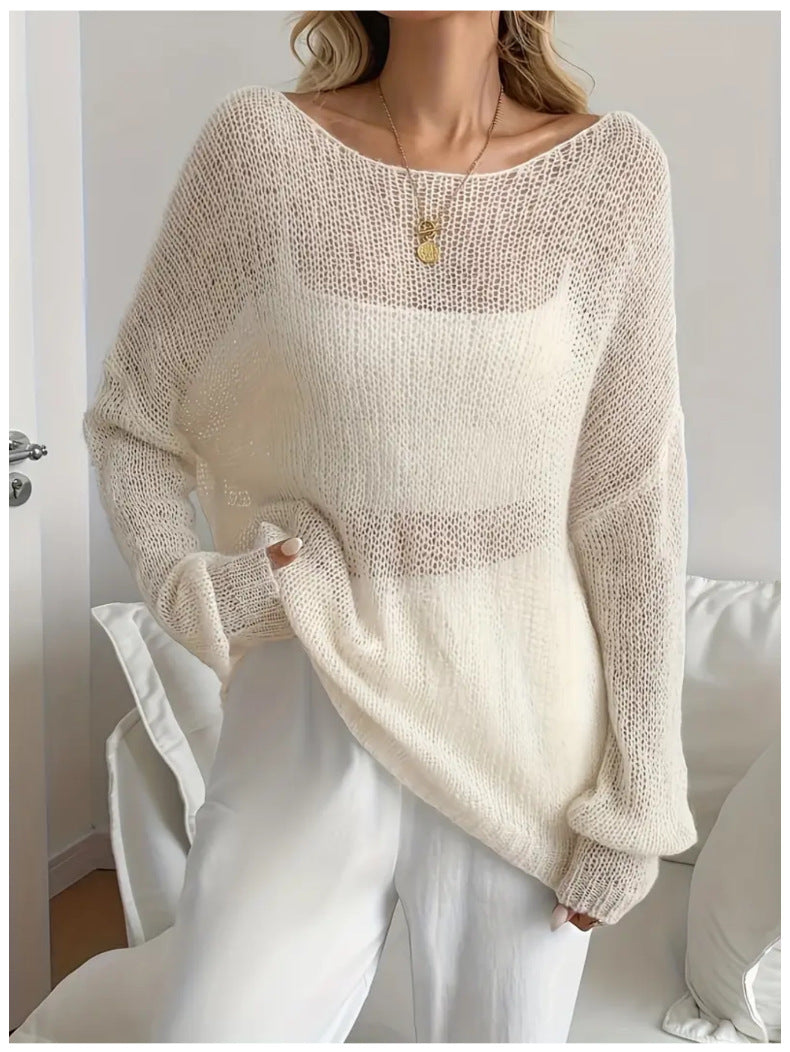 Oversized Sheer Open Knit Boat Neck Top - Apricot - 2