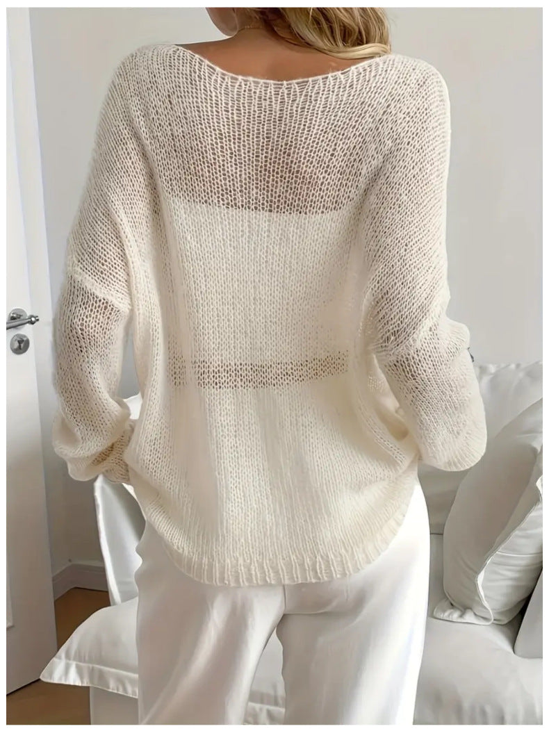 Oversized Sheer Open Knit Boat Neck Top - Apricot - 3