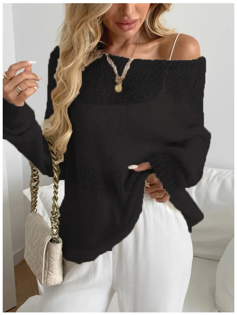 Oversized Sheer Open Knit Boat Neck Top - Black