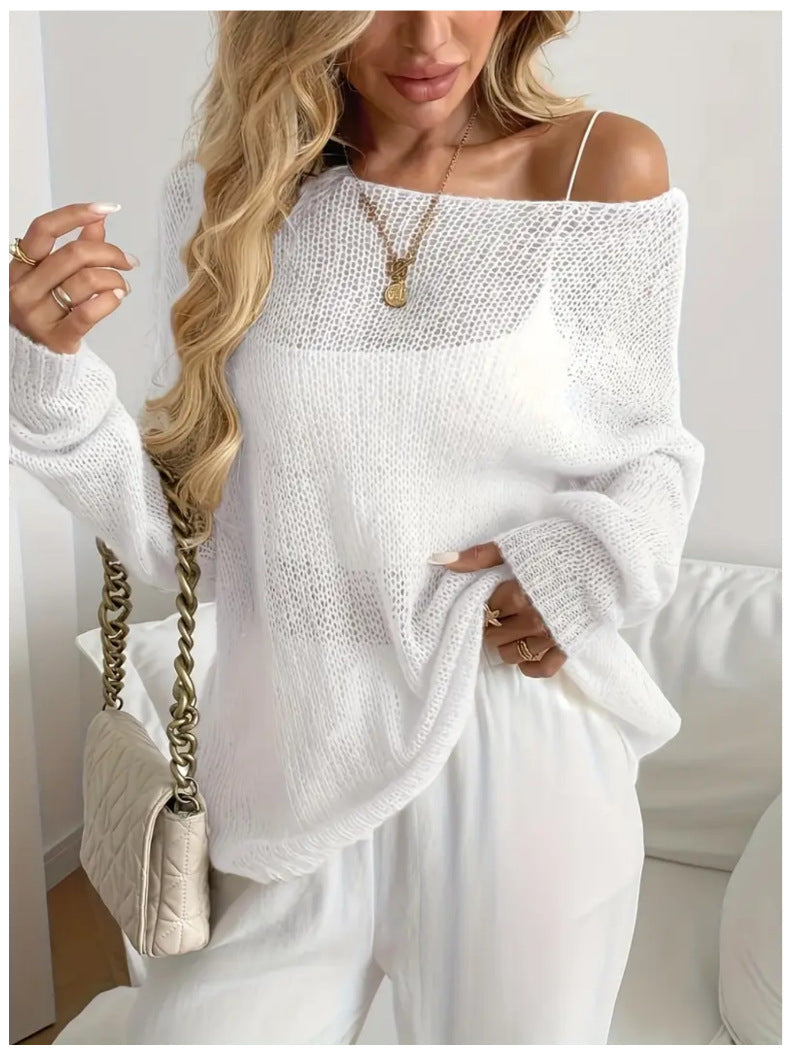 Oversized Sheer Open Knit Boat Neck Top - White