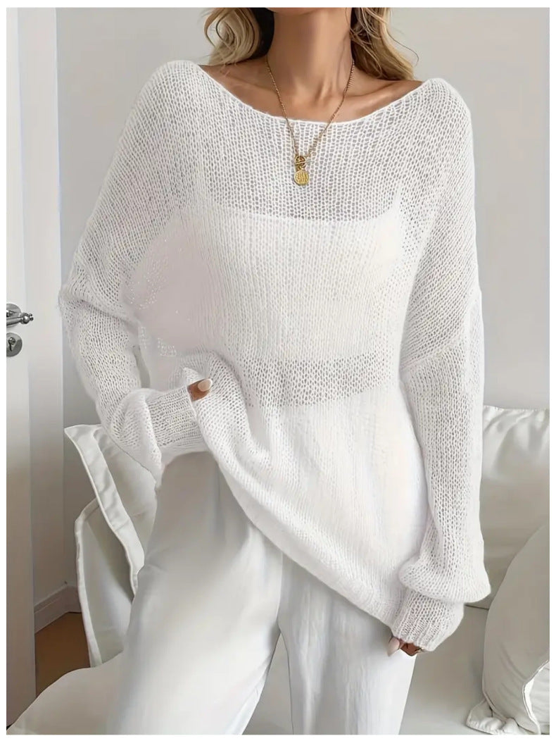 Oversized Sheer Open Knit Boat Neck Top - White - 1