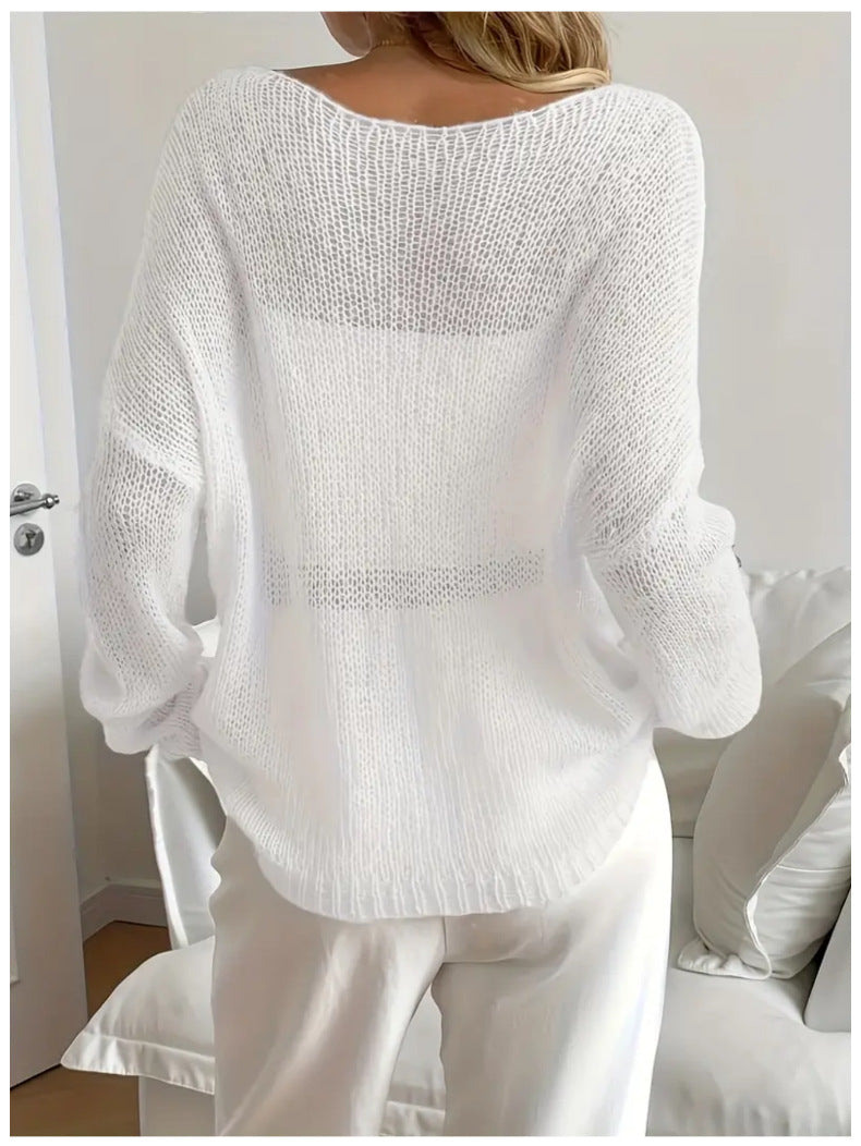 Oversized Sheer Open Knit Boat Neck Top - White - 2