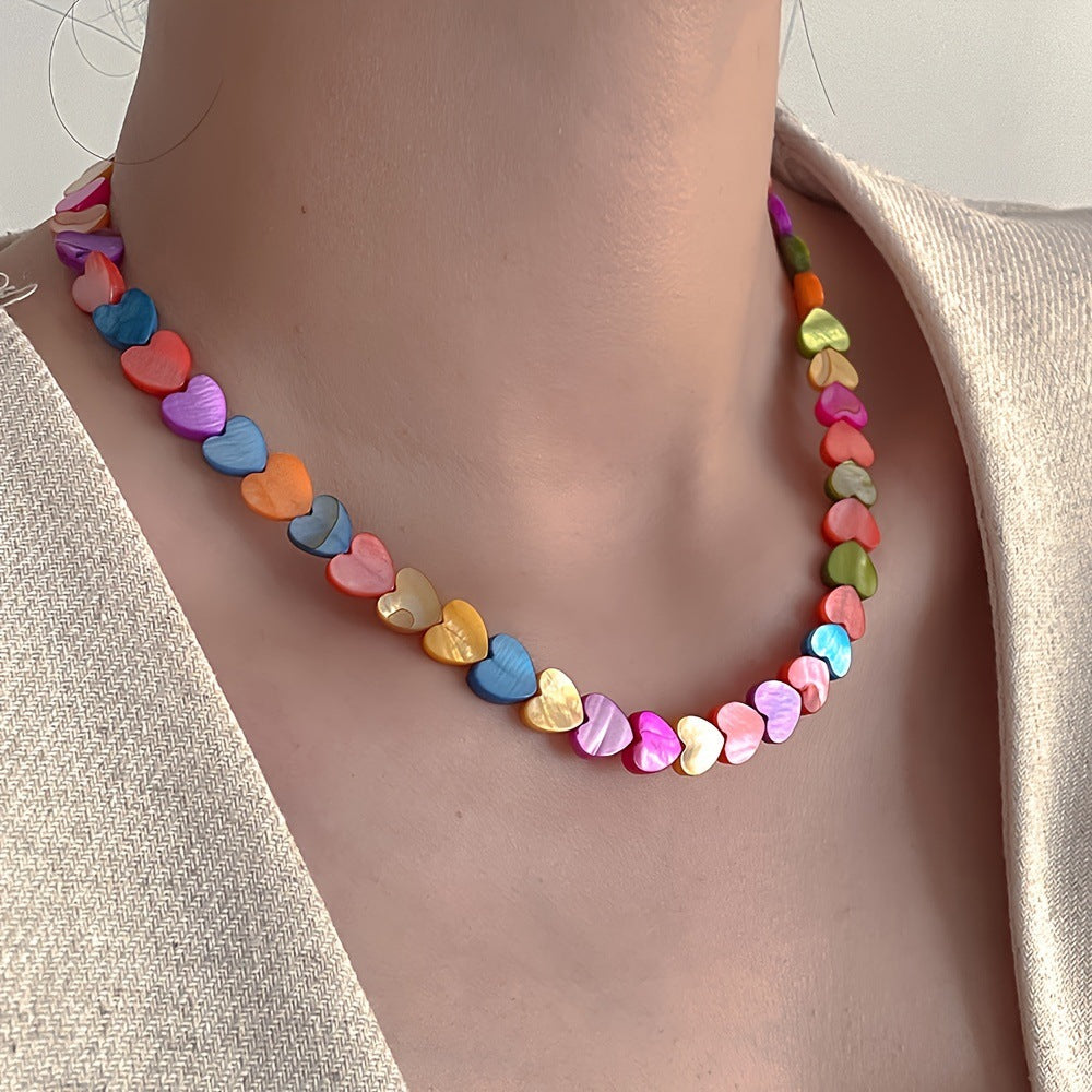Rainbow Heart Shell Bead Necklace - Colorful