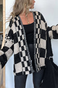 Checkerboard Knit Oversized Boyfriend Cardigan - Black