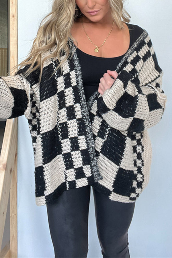 Checkerboard Knit Oversized Boyfriend Cardigan - Black - 1