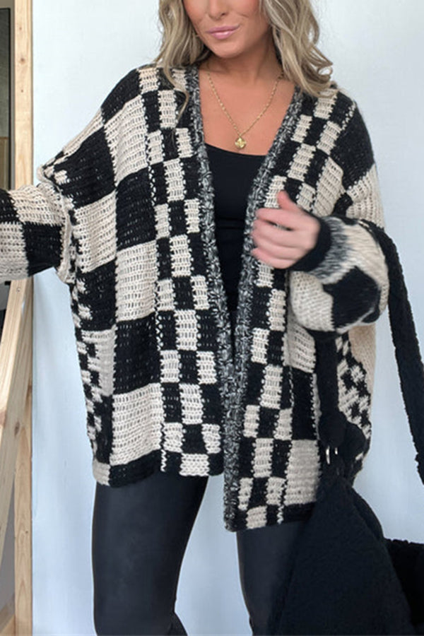 Checkerboard Knit Oversized Boyfriend Cardigan - Black - 2