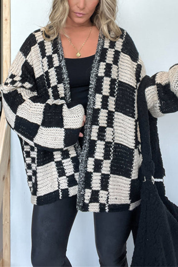 Checkerboard Knit Oversized Boyfriend Cardigan - Black - 3