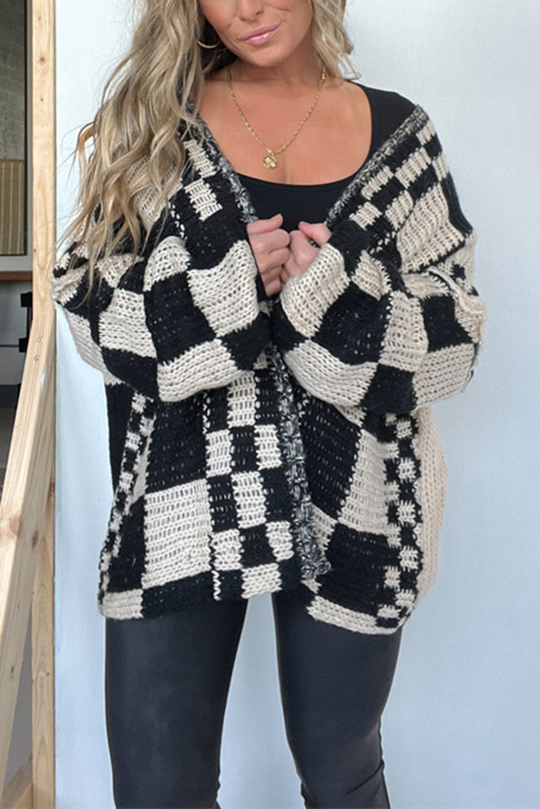 Checkerboard Knit Oversized Boyfriend Cardigan - Black - 4