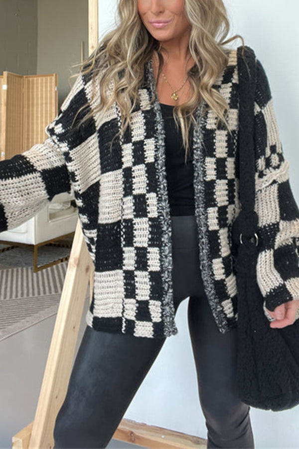 Checkerboard Knit Oversized Boyfriend Cardigan - Black - 5