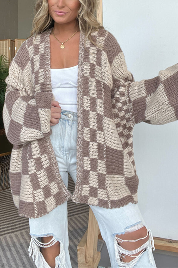 Checkerboard Knit Oversized Boyfriend Cardigan - taupe - 1