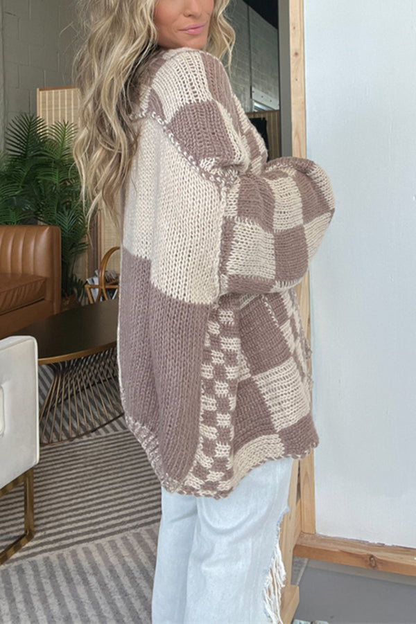 Checkerboard Knit Oversized Boyfriend Cardigan - taupe - 2