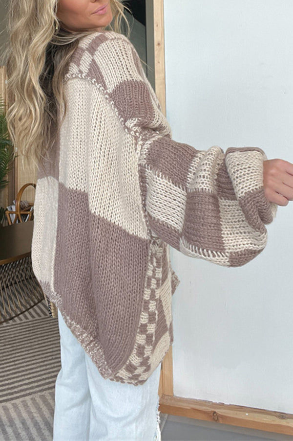 Checkerboard Knit Oversized Boyfriend Cardigan - taupe - 3