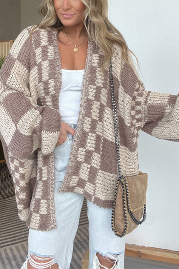 Checkerboard Knit Oversized Boyfriend Cardigan - taupe - 6