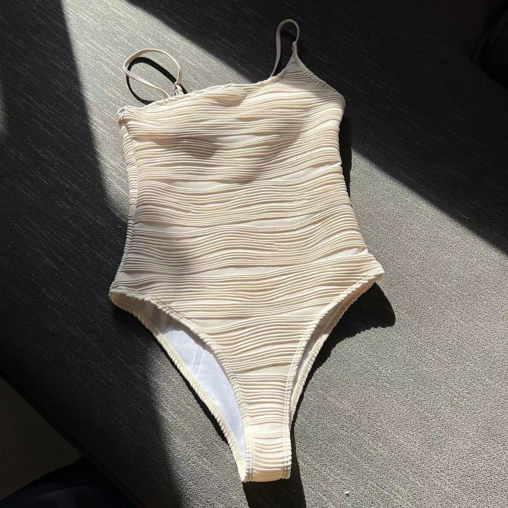 Textured Stripe Square Neck One Piece Swimsuit - Apricot - 1