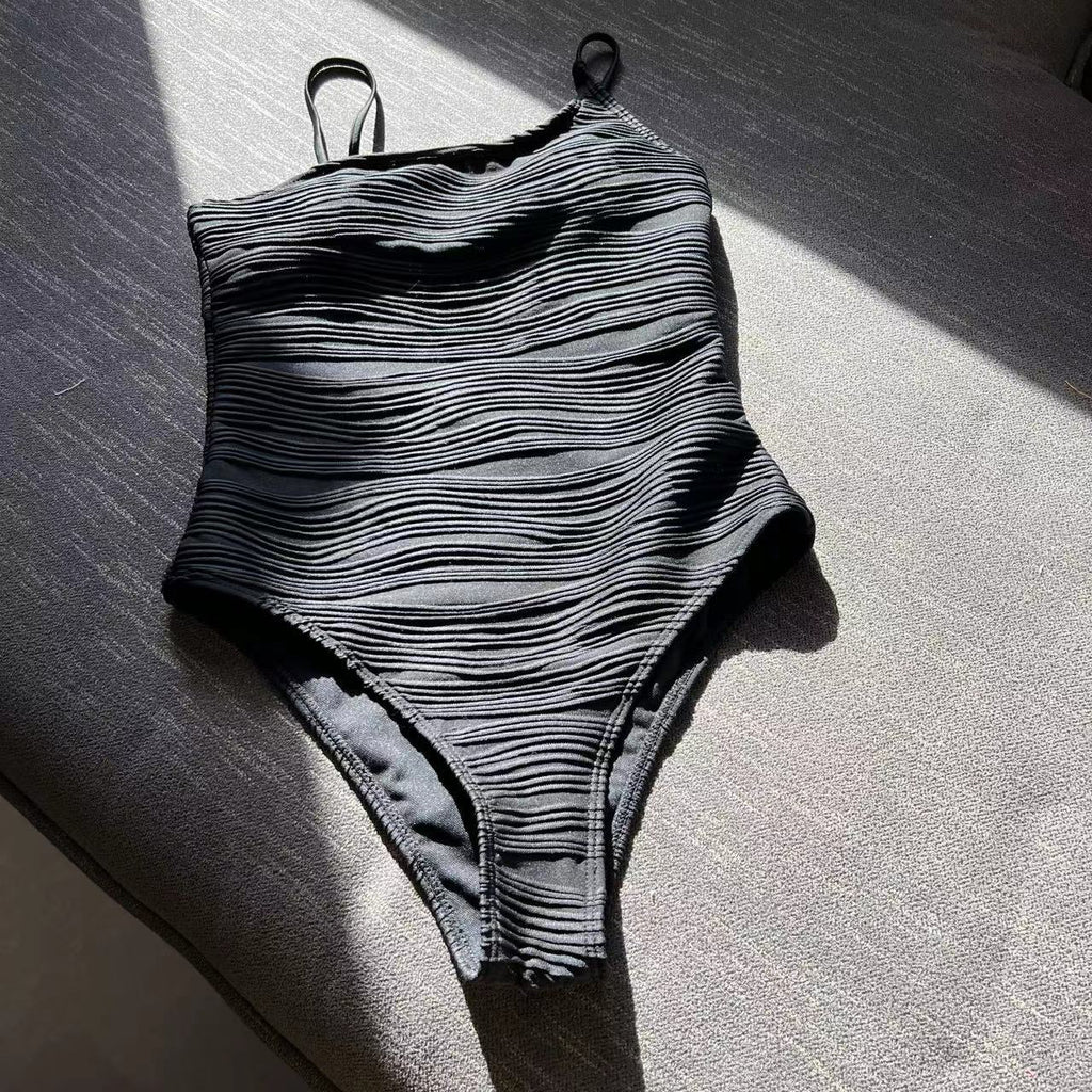 Textured Stripe Square Neck One Piece Swimsuit - Black - 1