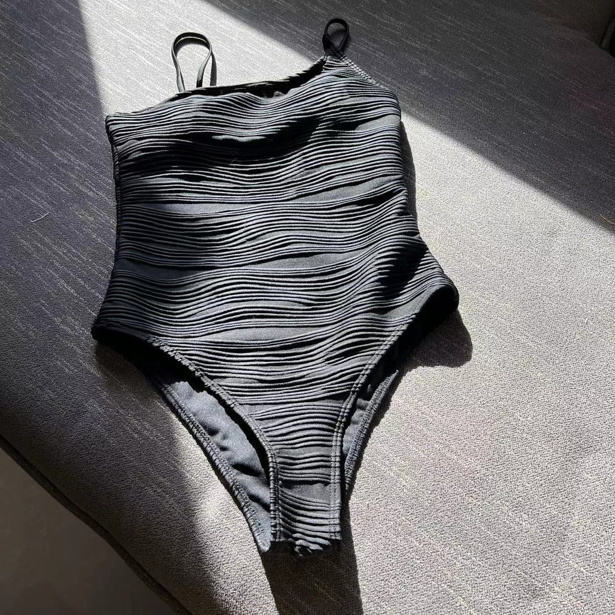 Textured Stripe Square Neck One Piece Swimsuit - Black - 1