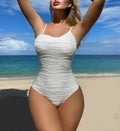Textured Stripe Square Neck One Piece Swimsuit - White