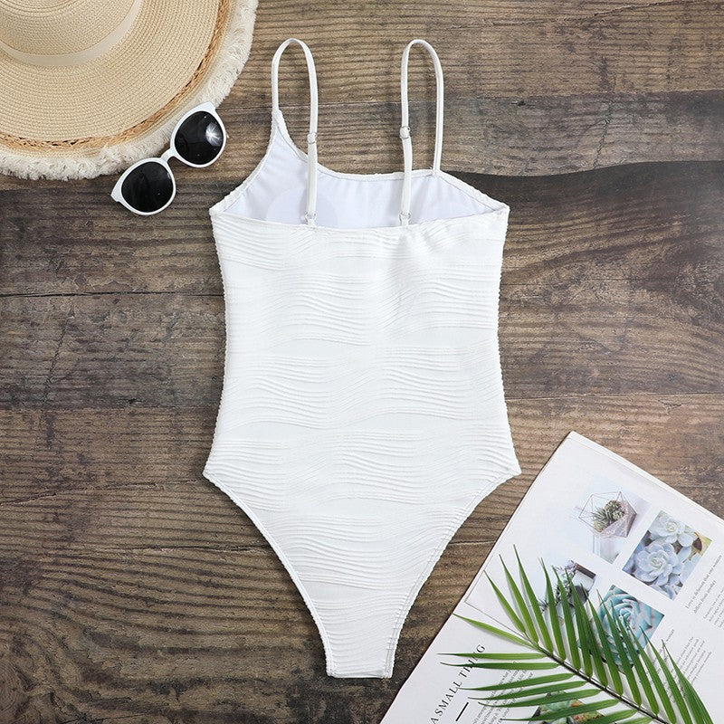 Textured Stripe Square Neck One Piece Swimsuit - White - 2