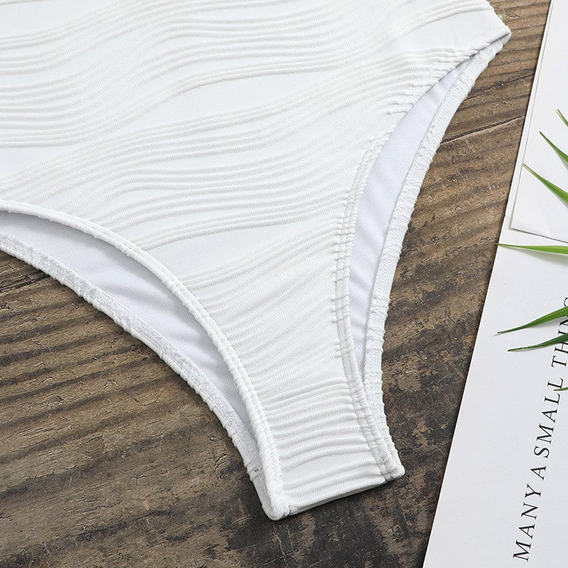 Textured Stripe Square Neck One Piece Swimsuit - White - 4