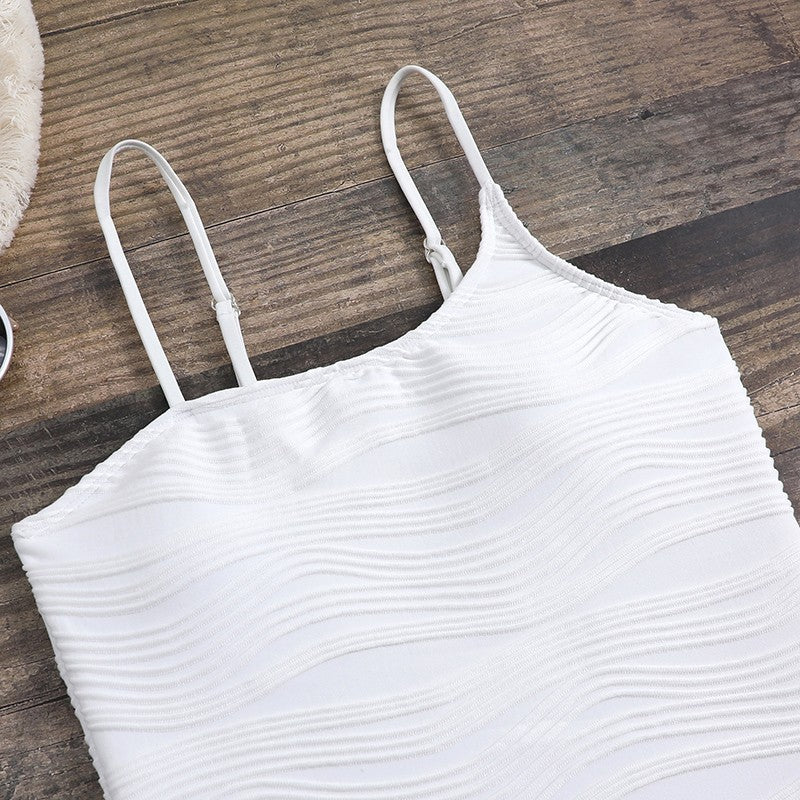Textured Stripe Square Neck One Piece Swimsuit - White - 5