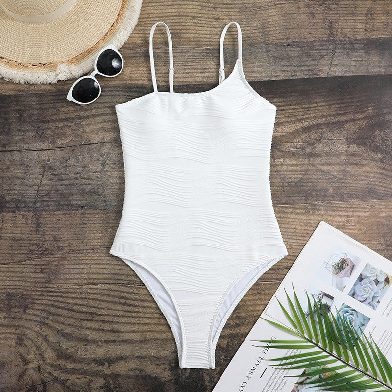 Textured Stripe Square Neck One Piece Swimsuit - White - 6