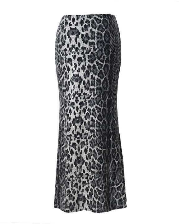 Leopard Sequin Stretch Maxi Skirt - Gray