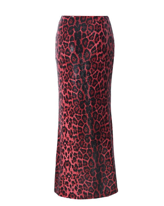 Leopard Sequin Stretch Maxi Skirt - Rose-Red - 1